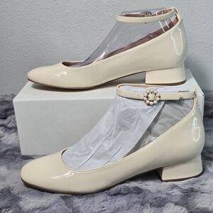 NWB Bandolino Lexy3 Ivory Patent Ankle Strap Low Block Heel Pumps Size 10‎